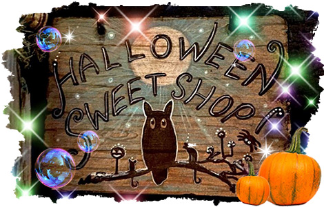 Halloween Sweetshop sign with pumpkins, bubbles and star sparkles